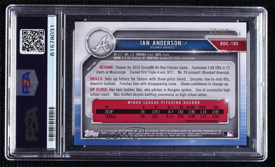 2019 Bowman Chrome Draft Sapphire Edition Blue /99 Ian Anderson PSA 9 MINT - Image 2 of 2