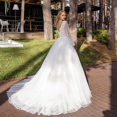 Luxury A-Line Wedding Dresses Scoop Neck Puff Sleeves Lace Applique Bridal Gowns - Picture 3 of 9