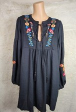 Umgee Size S Black Tunic Dress Balloon Sleeve Vneck Boho Floral Embroidered D
