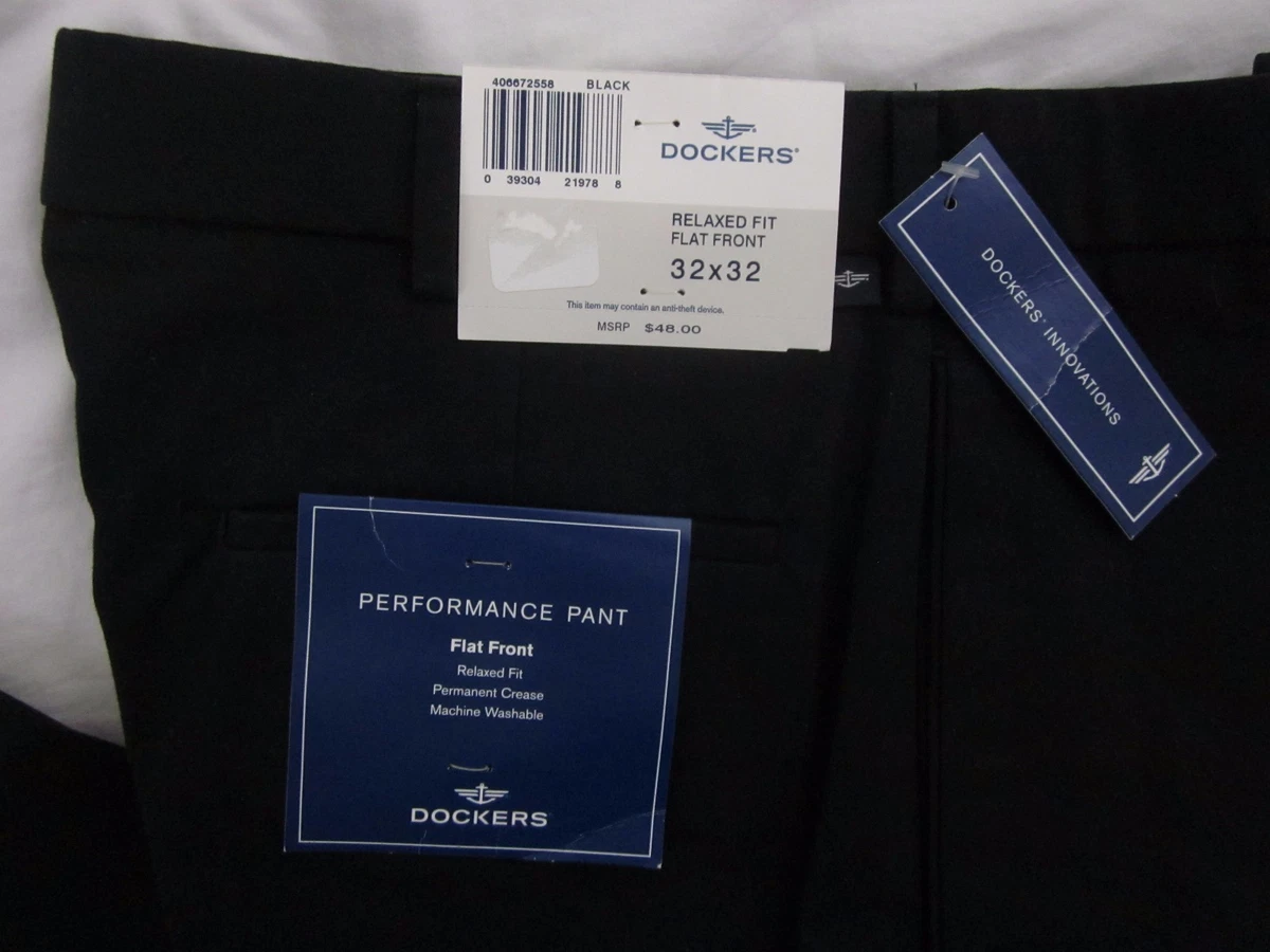 NEW 48 Dockers Black Performance Flat Front Relaxed Fit Permanent Crease 32x32