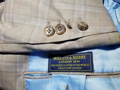 Holland & Sherry Brown Blue Check 2pc wool Suit 46R Jacket Blazer Flat Pants 42