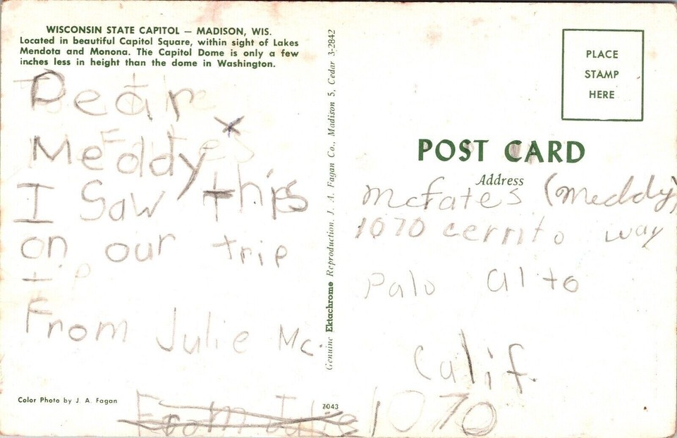 Wisconsin State Capitol Madison WI Dome Postcard UNP WOB Child Note VTG