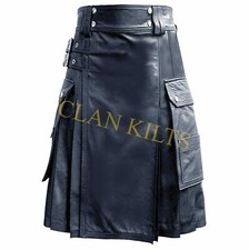 Handmade Traditional Pure Black Cow Leather Utility Kilt For Men Custom Size