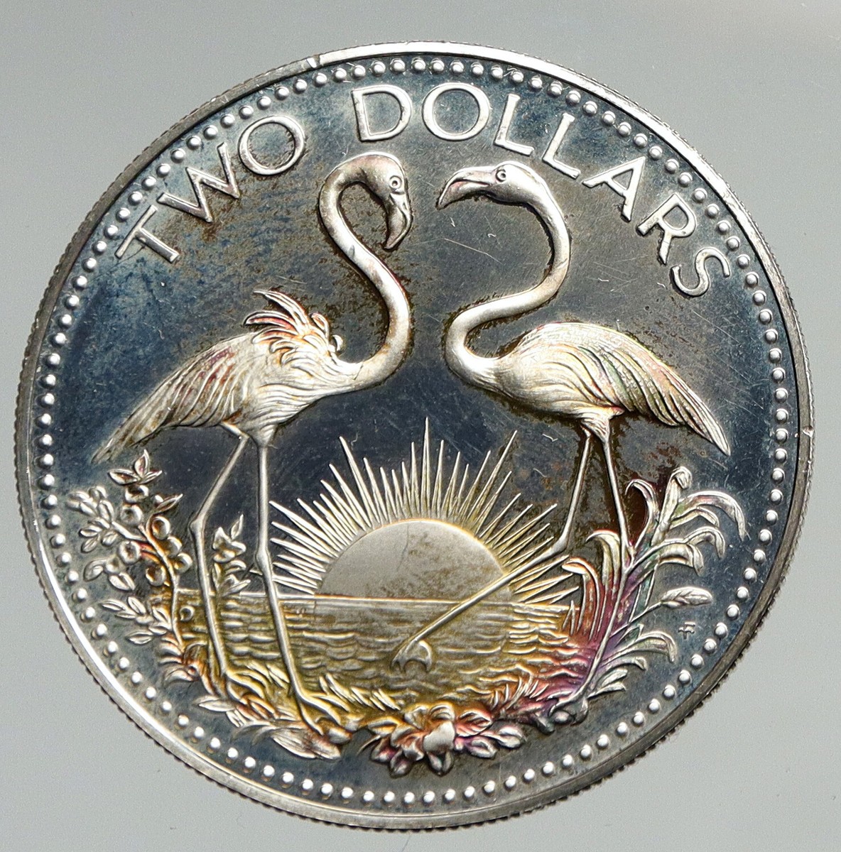 1974 The BAHAMAS Islands TWO FLAMINGOS Vintage Proof Silver 2