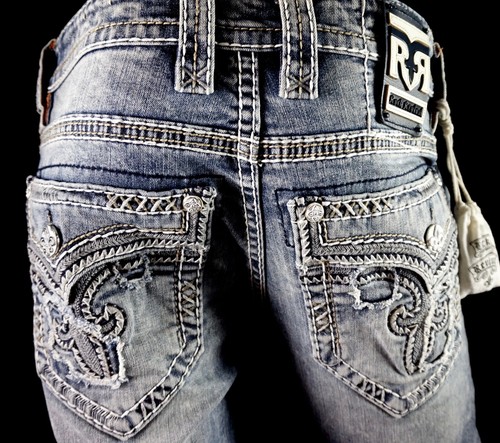 $220 Mens Rock Revival Jeans "James" Leather Inserts Faux Straight 38 X 33 - Picture 3 of 11