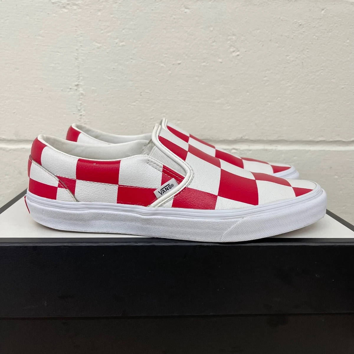 Vans Classic Slip On Leather Checkerboard White Red Slip On Shoes