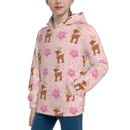 Pink Christmas Girls Youth Pullover Hoodie Casual Hooded Sweatshirt with Pocket - Picture 12 of 37