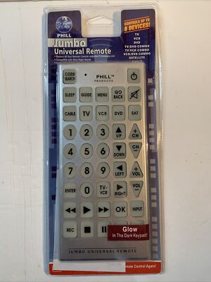 New! PHILL Jumbo Universal Remote - Controls up to 8 Devices - Glow In The Dark