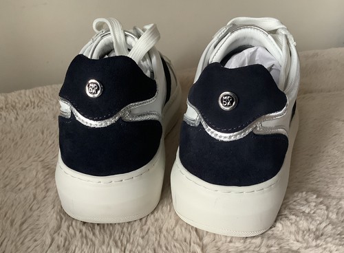 MODA IN PELLE BRALLA WHITE/NAVY SIDE STRIPE LEATHER PLATFORM TRAINERS UK5 BNIB - Picture 5 of 8