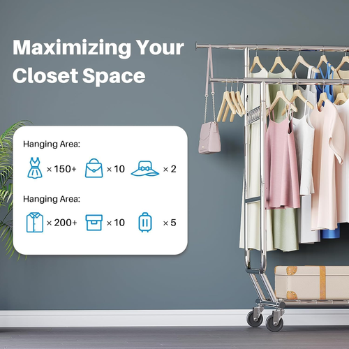Clothes Rack Heavy Duty Clothing Rack Collapsible Garment Rack with Wheels Doubl - Picture 7 of 9