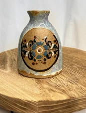 Mexican Tonala Art Pottery Hand Painted 5" Ceramic Bud Vase Blue Floral Glossy