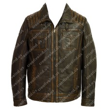Men’s Distressed Brown Leather Biker Jacket – Vintage Trucker Zip-Up Moto Coat