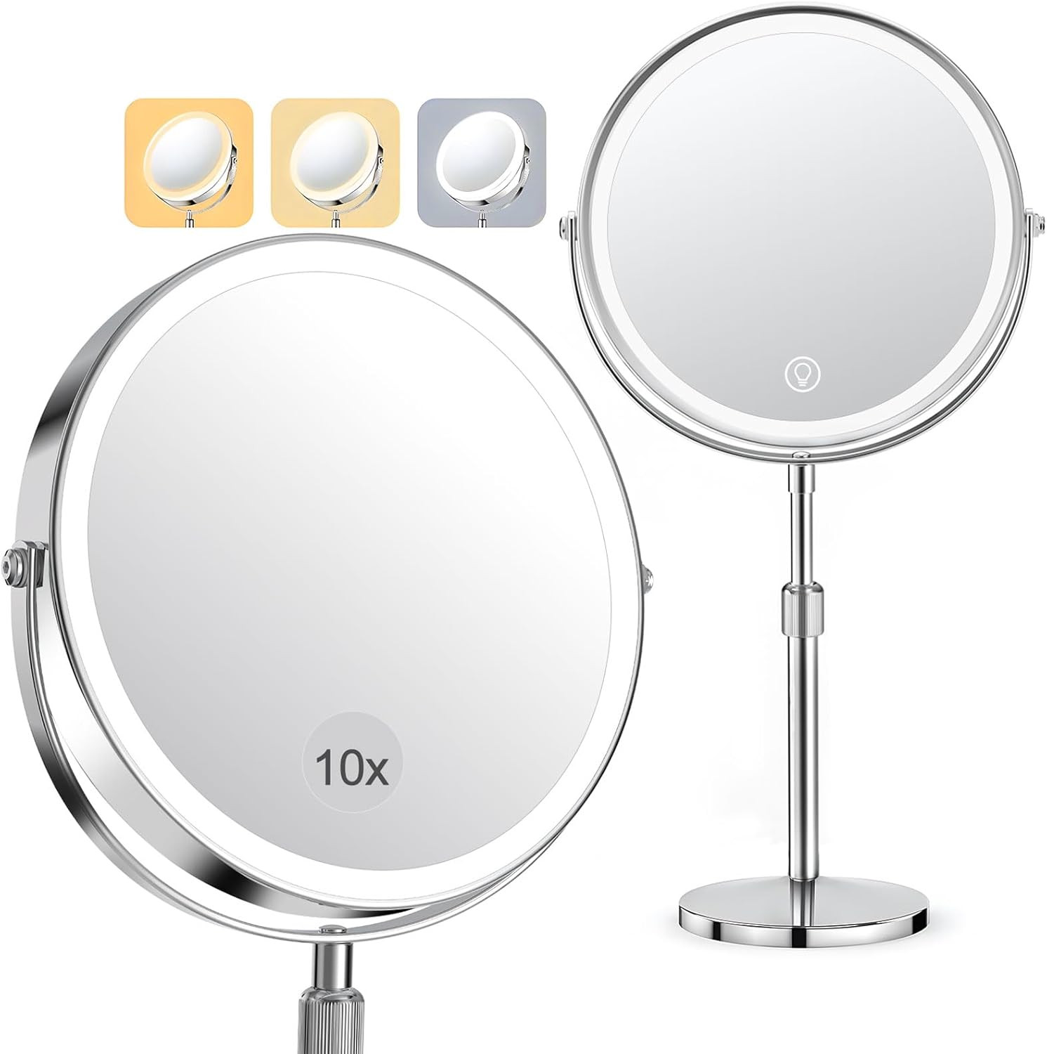 Specchio Ingranditore 10X/1X, Specchio Trucco Ricaricabile 3 Luci Di Colore, LED