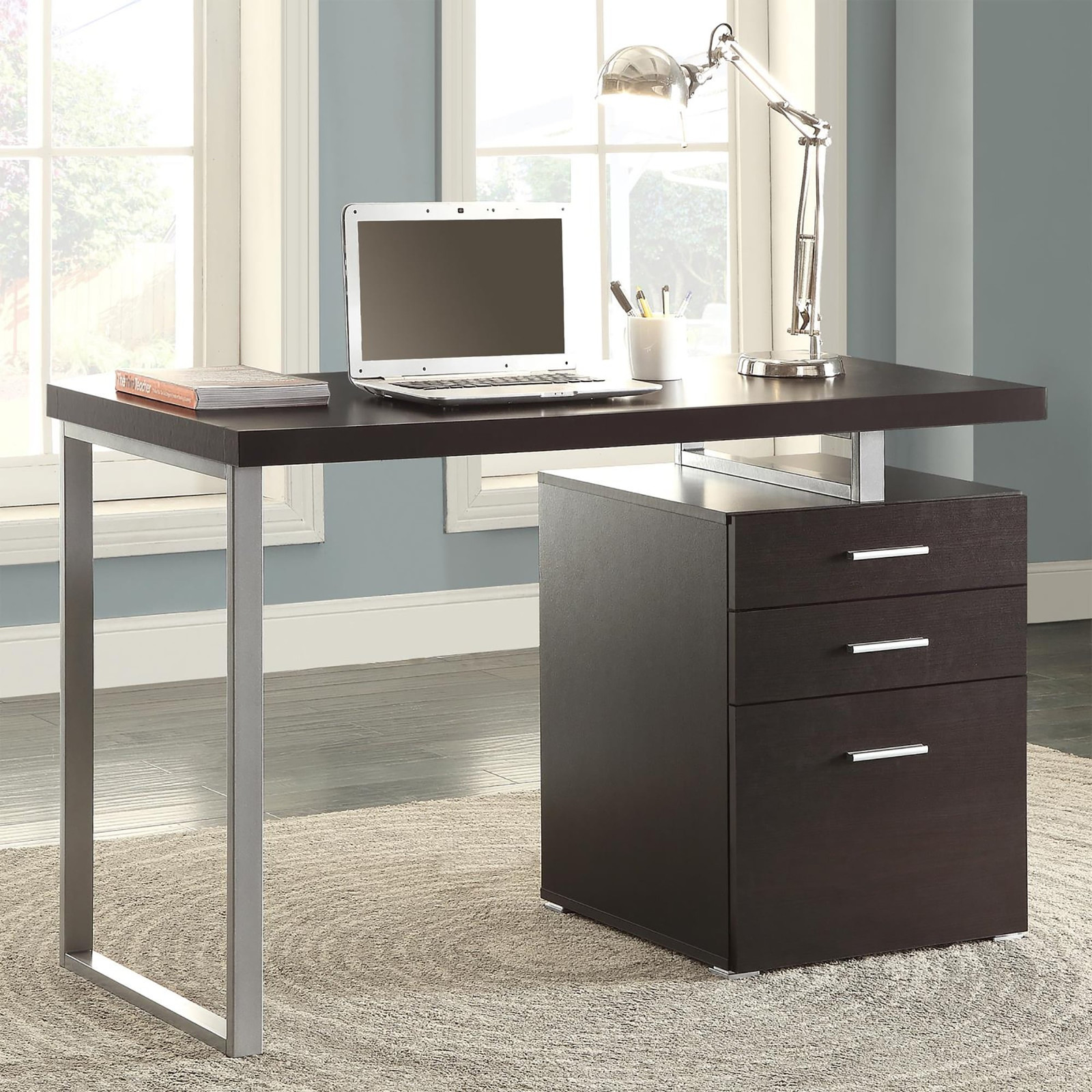 Garrett Cappuccino 3-Drawer Reversible Office Desk for Versatile Workspaces
