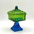 Vintage Jeanette Glass Pedestal Wedding Cake Box  Lid Candy Dish Blue Green Teal