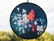 RED Cardinal on FORAL Branch 4.5" Round SUNCATCHER Hand Painted GLASS Free Ship