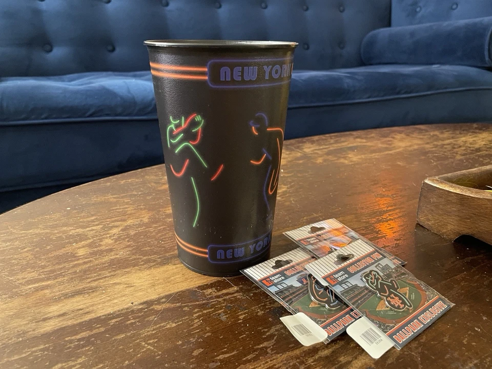 Limited Edition Shea Stadium NY Mets Cup and Neon Batter, Pitcher, Catcher Pins - Image 2 of 4