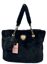 Juicy Couture Love Furry Friends Black Faux Fur Tote Bag Gold Heart