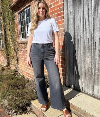Ex Per Una Jeans Damen Denim Baumwolle Stretch bequeme Passform High-Rise Wide Leg