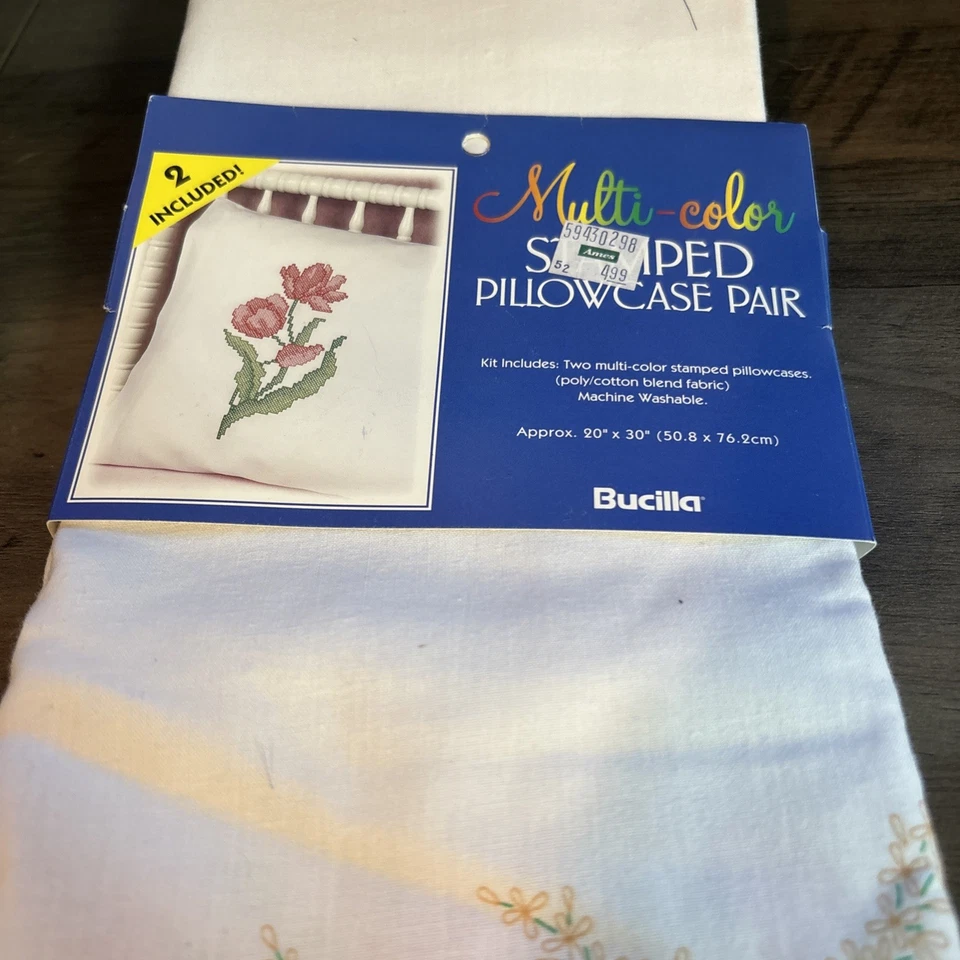 Vtg Bucilla Stamped Pillowcase Pair Pink Red Floral 20x30 Set Of 2 1998 No Floss - Image 3 of 4