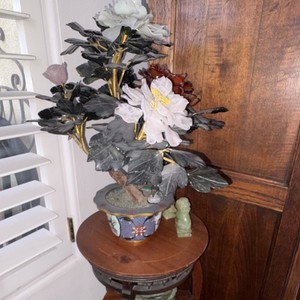 Chinese Handmade Jade Flower Tree in Decorative cloisonné Pot 