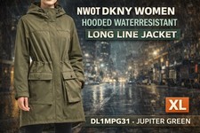 NWOT DKNY WOMEN HOODED WATERRESISTANT LONG LINE JACKET DL1MPG31 XL Jupiter Green