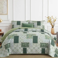 Xruibed Patchwork Quilt Set King Size 3 Pieces Plaid Floral Bedspread Coverle...