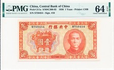 Central Bank of China China 1 Yuan 1936  PMG  64EPQ