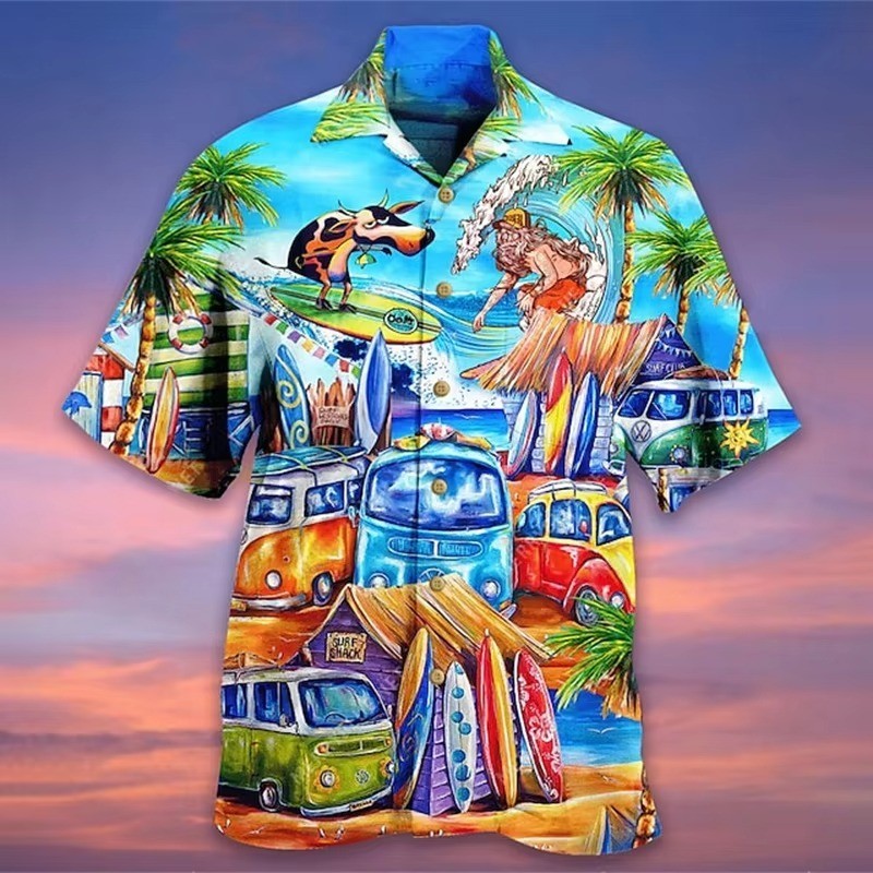 Camisa de regalo de verano de novedad hawaiana con patrón de auto cámper retro con botones para hombre