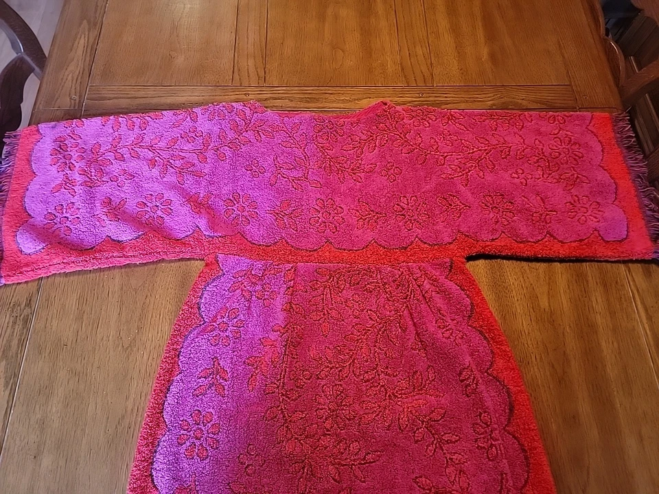 Vintage 70s Psychedelic Floral Red Purple Cover-Up Fringe Terrycloth Towel Dress - Image 3 of 4