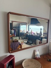 Vintage 1960s Danish Mid Century Modern Teak Wall Mirror Large rounded edges