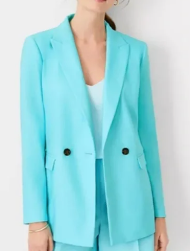 ANN TAYLOR AQUA POP PETITE LINEN BLEND RELAXED DOUBLE BREASTED LONG BLAZER SZ 2P - Picture 3 of 8