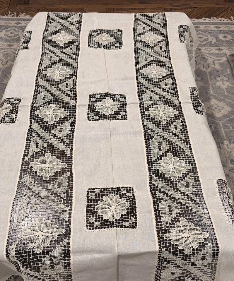 Vintage Linen Handmade Crochet Lace Tablecloth Table 50x75” - Image 2 of 4