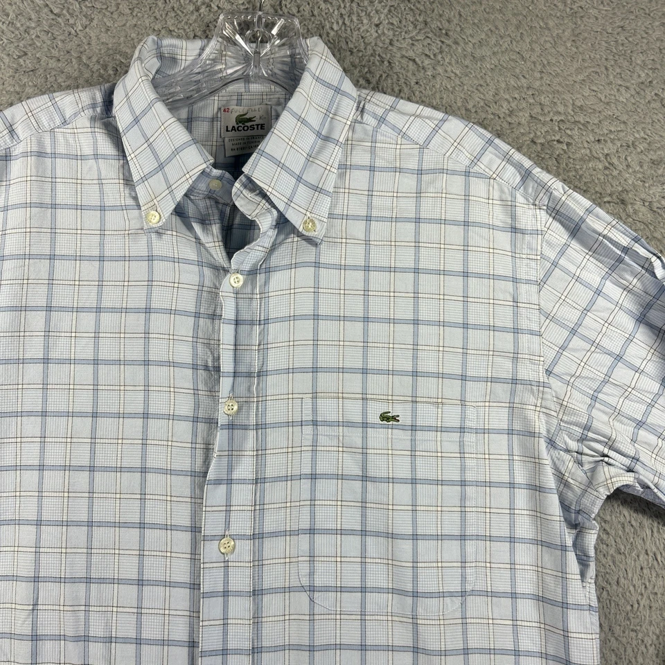 Camisa masculina Lacoste 42 azul branca xadrez Glen bolso de crocodilo manga longa botão - Imagem 2 de 4