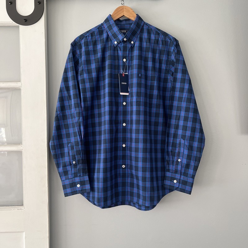 NWT IZOD Men’s Large Long Sleeve Nautical Blue Plaid Button Front Poplin Shirt