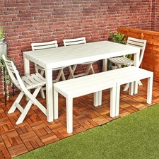 Folding White Garden Table with Benches & Chairs – Portable Outdoor Lounge Set