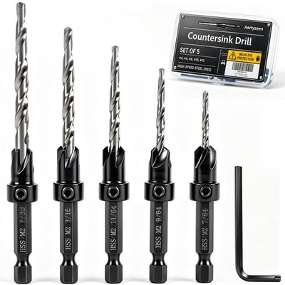 5PCS Tapered Countersink Drill Bit Set for Wood, #4#6#8#10#12, HSS, 1/4'' Hex ...