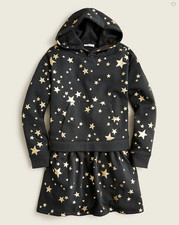 J.Crew Crewcuts Black Gold Stars Long Sleeve Hooded Sweatshirt Dress Sz 12