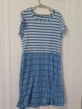 Blue and White Striped  Printed Girls' Dress large