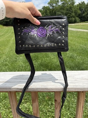 Purple Rose All Leather Belt Bag Biker Bag Ren Faire Fairy Whimsical Goth Grunge