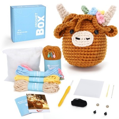Crochet Kit Highland Cow with Easy Knitting, 30%+ Yarn, Video Tutorial & Hook