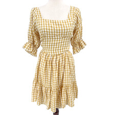 Talulah Womens Gingham Check Dress Size L Yellow Open Back Cottagecore Country