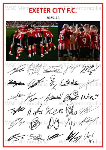 12300. 2025-26 Exeter City Signed Team Photo Sheet PRINTED AUTOGRAPHS A4 Taylor