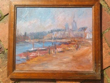 framed  signed oil on board river seine Rouen 48 x 41 cm