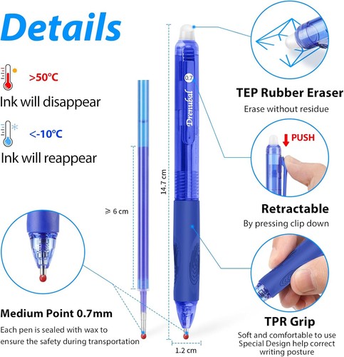Drenubal 12-Pack Erasable Gel Pens – 0.7mm Black & Blue Ink, Quick-Drying - Picture 5 of 6