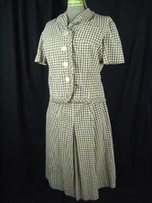 NELLY DON Vtg 50s Brown Plaids Ruffle Cotton Blouse & Skirt-Bust 39/Waist 26