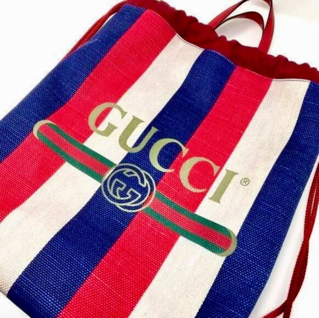Gucci Logo Drawstring Backpack Striped Canvas Lar… - image 11