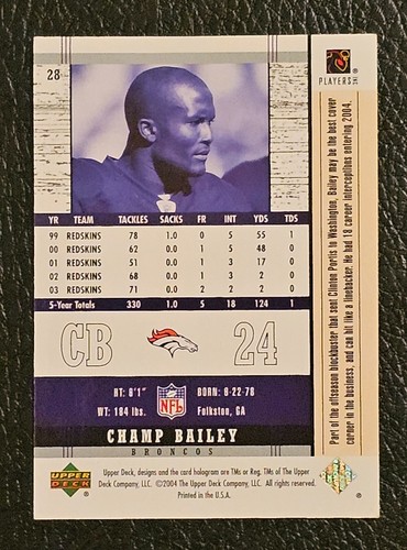 Upper Deck Legends Champ Baily #28 2004 Denver Broncos - ¡Hallazgo raro!¡! - Imagen 2 de 2