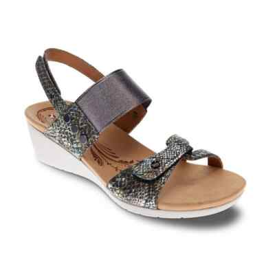 R Revere Tahiti Women's Backstrap Wedge Sandal Peacock Python, Size 9 M US