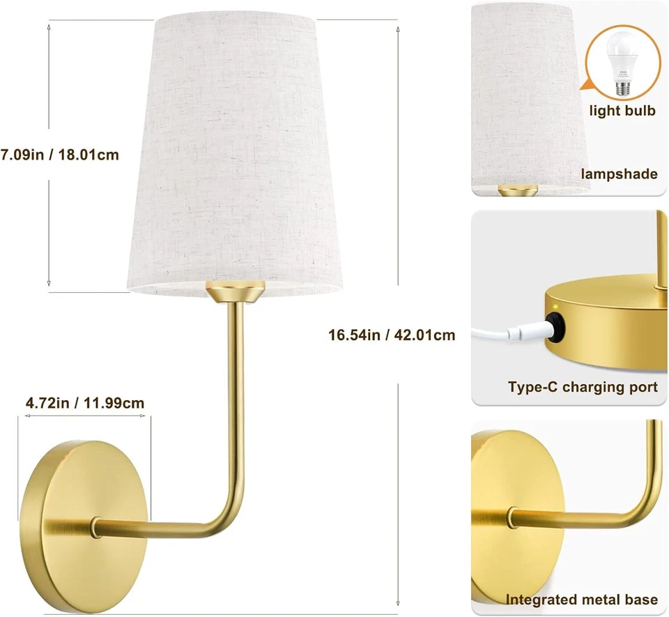 Battery Operated Wall Sconce Lamps Wall Lights Remote Control Dimmable Gold Home - Image 2 of 4